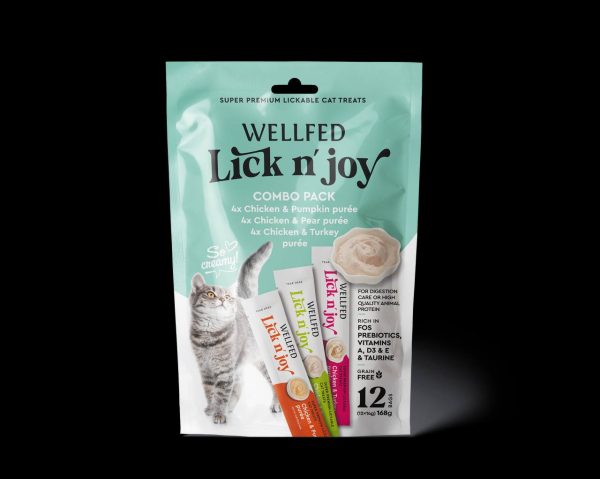 بسته کمبو ۱۲ عددی بستنی گربه Wellfed Lick n' joy با طعم‌های مرغ و کدو تنبل، مرغ و گلابی، و مرغ و بوقلمون