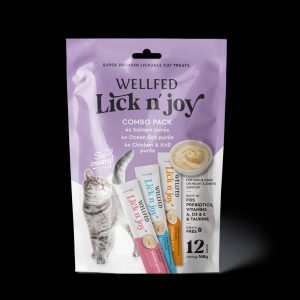 بسته کمبو ۱۲ عددی بستنی گربه Wellfed Lick n' joy با طعم‌های سالمون، ماهی اقیانوسی، و مرغ و میگو