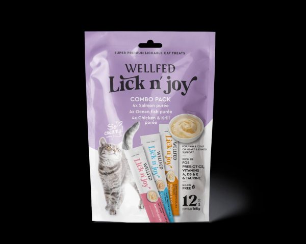 بسته کمبو ۱۲ عددی بستنی گربه Wellfed Lick n' joy با طعم‌های سالمون، ماهی اقیانوسی، و مرغ و میگو